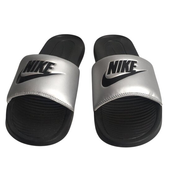 Nike Slide Sandals Womens Size 9 Black Silver CN9677-006 Comfort Slip On Logo - Picture 2 of 11